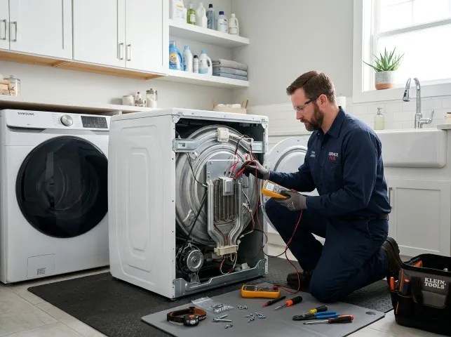 Appliance Repair Hero technician checking a dryer heating element with the rear panel off in Bentonville, AR