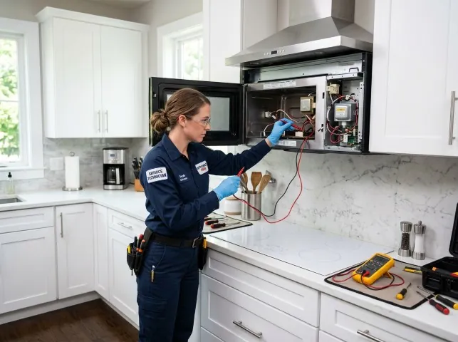 Appliance Repair Hero technician testing an over-the-range microwave in a Bentonville, AR kitchen