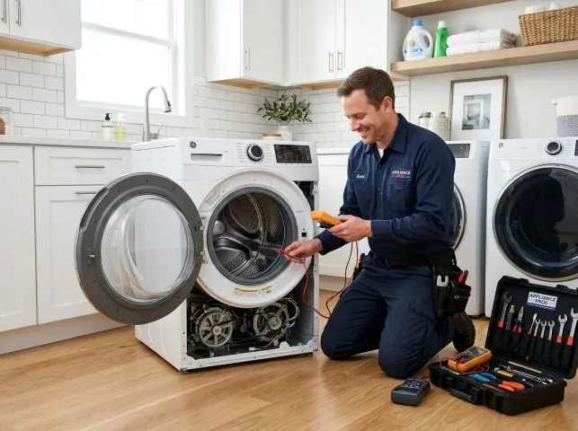 Appliance Repair Hero technician testing a front-load washer with a multimeter on a Bentonville, AR service call
